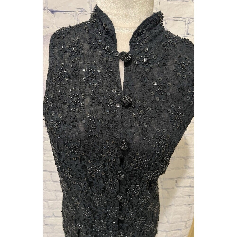 Vintage Christina Fairbanks black sleeveless beaded sequin button top blouse L - Picture 2 of 7